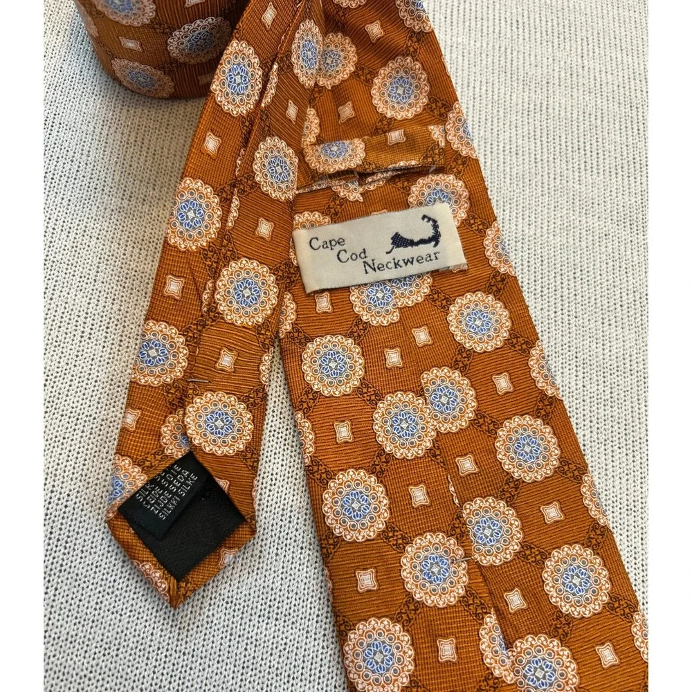 Cape Cod Neckwear Mens Silk‎ Jacquard Geometric Pattern Tie Orange Blue Necktie